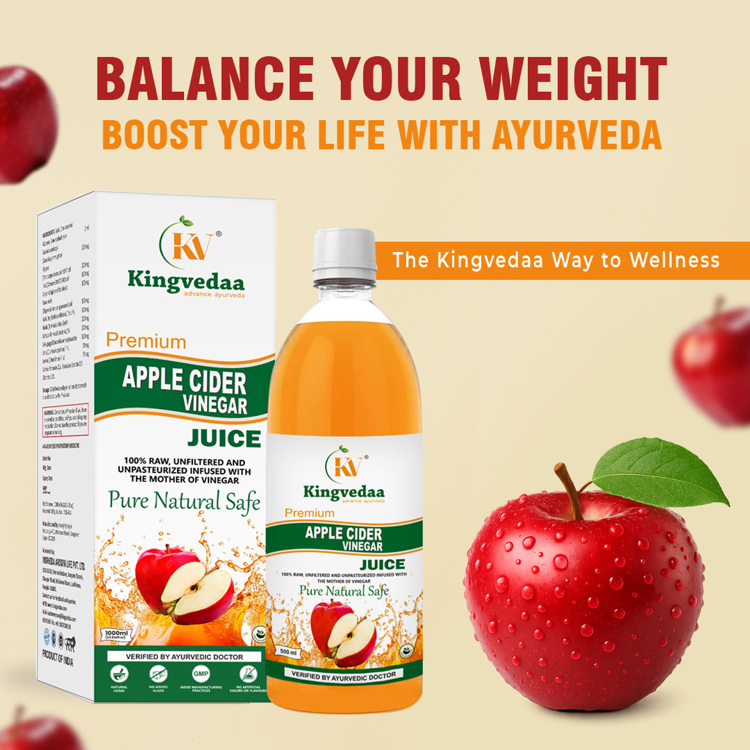 Kingvedaa Apple Cider Vinegar Juice bottle and packaging with apple for weight management and Ayurvedic wellness