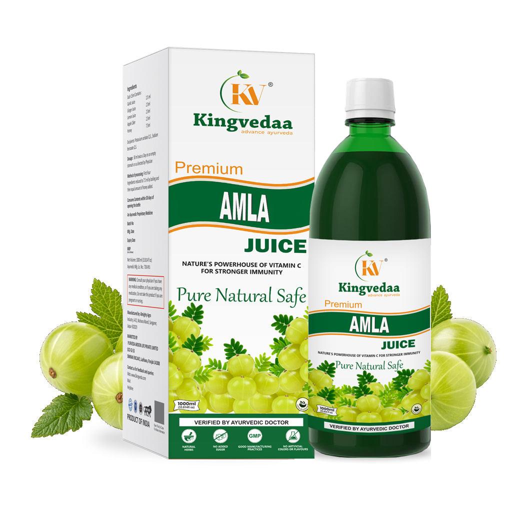 Kingvedaa Amla Juice with natural Indian gooseberry for immunity boost, rich in vitamin C, supports digestion, hair health and overall wellness