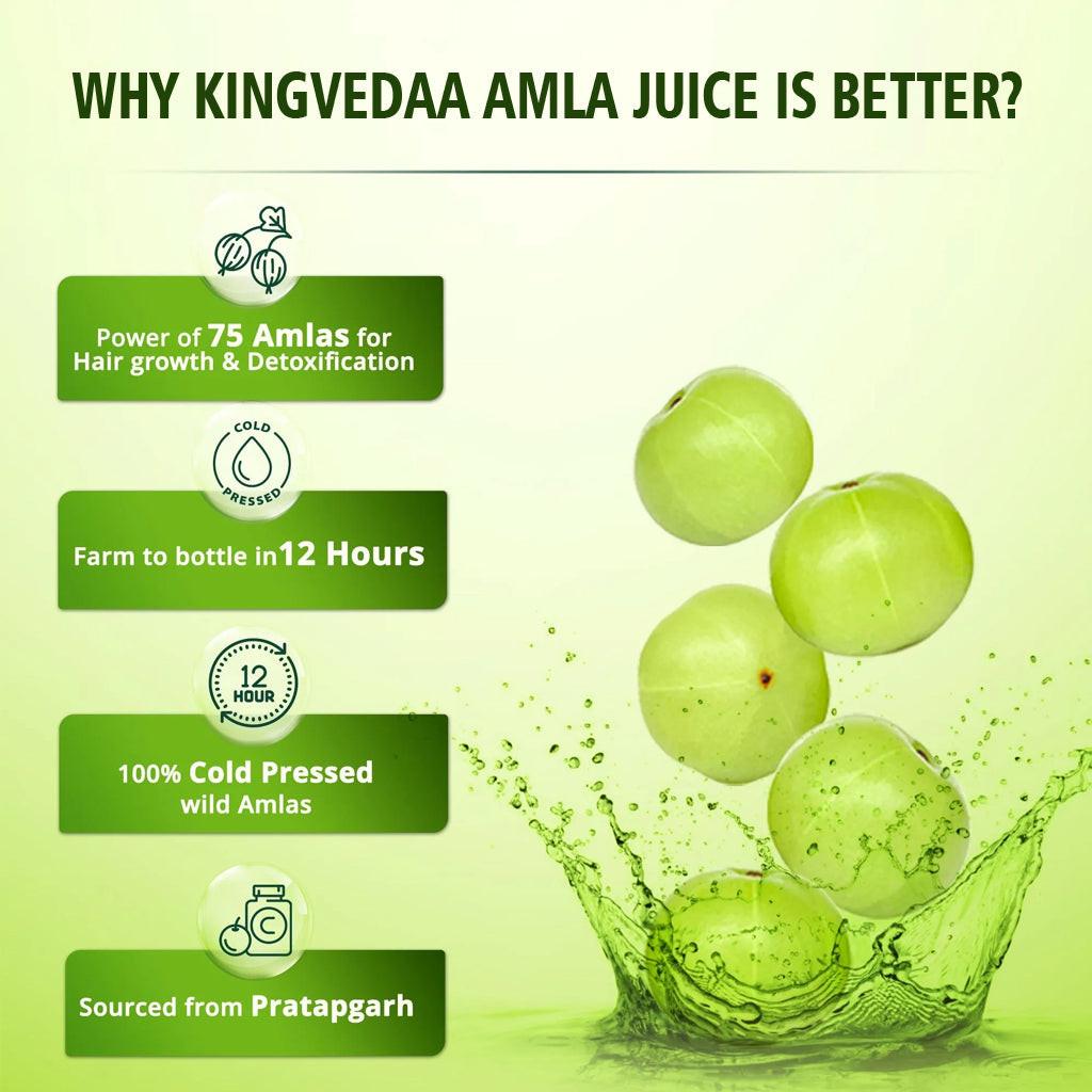 Why Kingvedaa Amla Juice is better with 100% cold pressed amla, farm fresh sourcing, rich vitamin C for immunity, detox and hair growth benefits