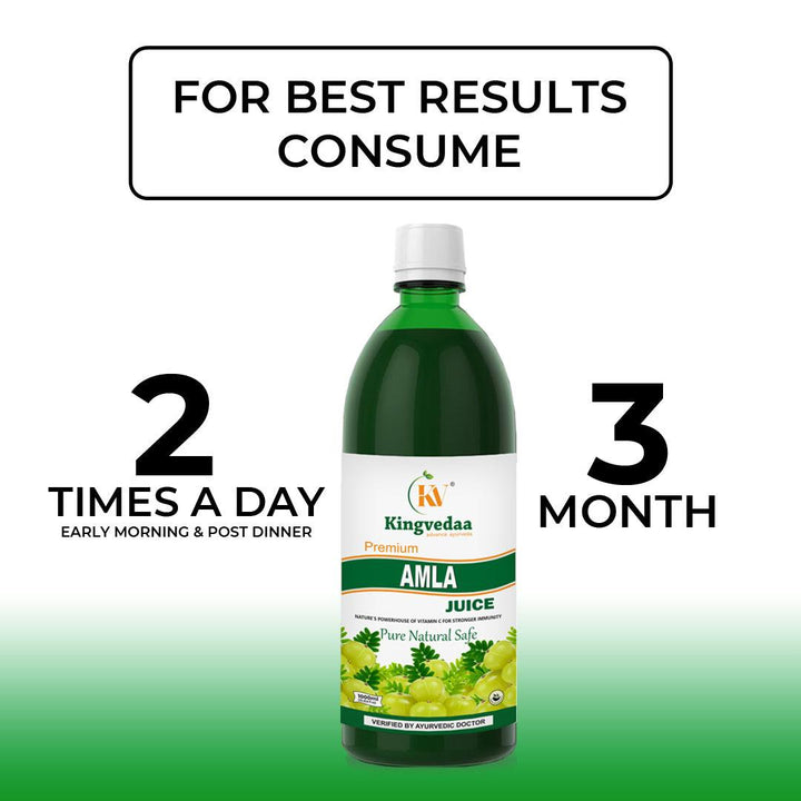 Kingvedaa Amla Juice dosage guide showing 2 times daily consumption for 3 months with morning and evening use instructions