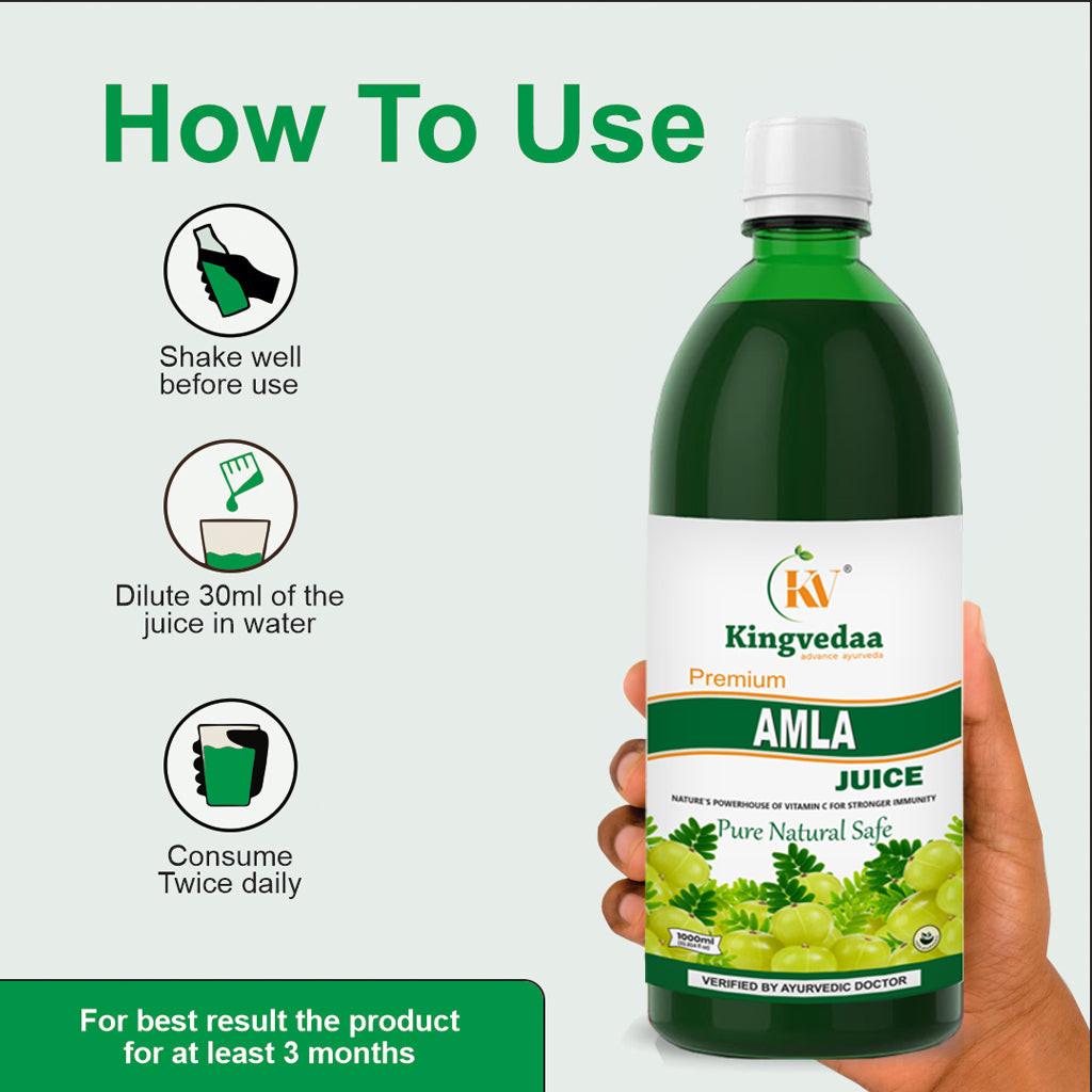 How to use Kingvedaa Amla Juice showing dosage instructions to shake well, dilute 30ml in water and consume twice daily for best results