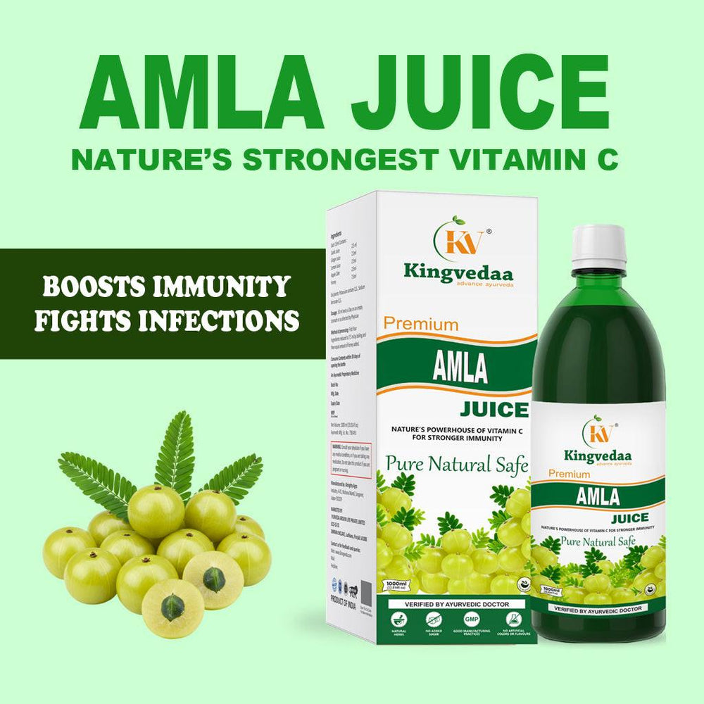 Kingvedaa Amla Juice rich in vitamin C to boost immunity and fight infections, natural Ayurvedic juice made from fresh Indian gooseberry for overall health