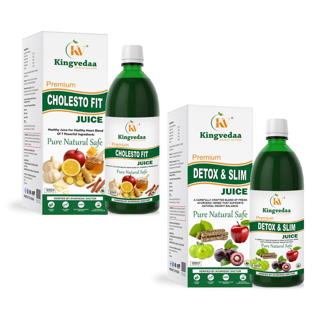 Kingvedaa Cholesto Fit and Detox Slim Juice combo for heart health, cholesterol balance, detox and natural weight management with Ayurvedic herbal ingredients