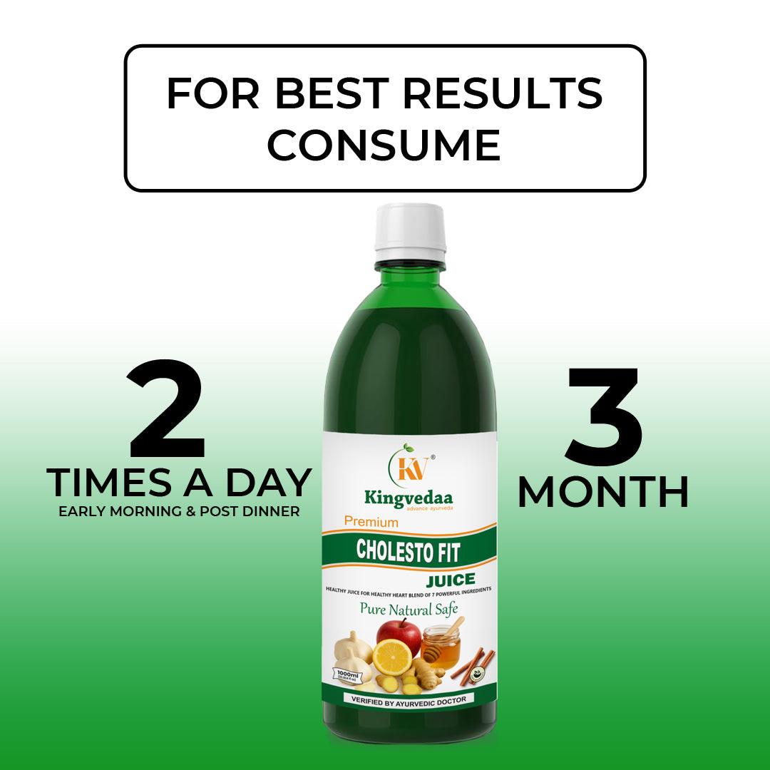 Kingvedaa Cholesto Fit Juice dosage guide showing 2 times daily consumption for 3 months to support heart health and cholesterol balance
