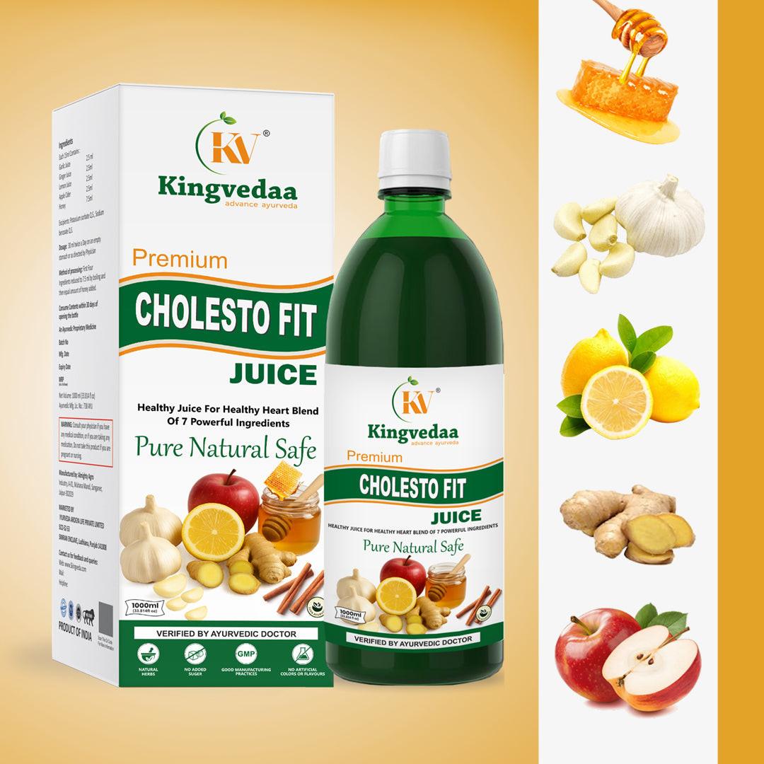Kingvedaa Cholesto Fit Juice with natural ingredients like garlic, ginger, lemon, honey and apple for heart health and cholesterol support