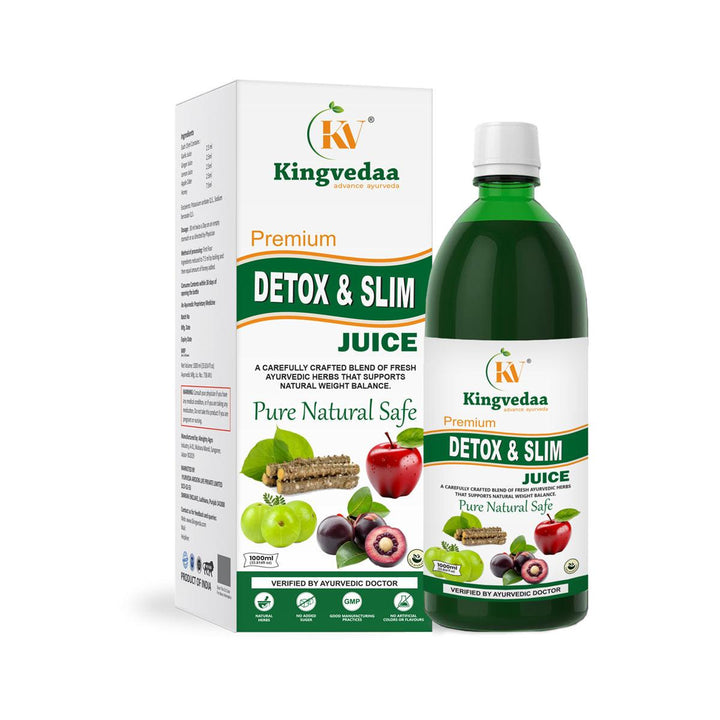 Kingvedaa Detox & Slim Juice bottle and packaging with natural ingredients, Ayurvedic formula designed for weight loss, detoxification, and improved metabolism