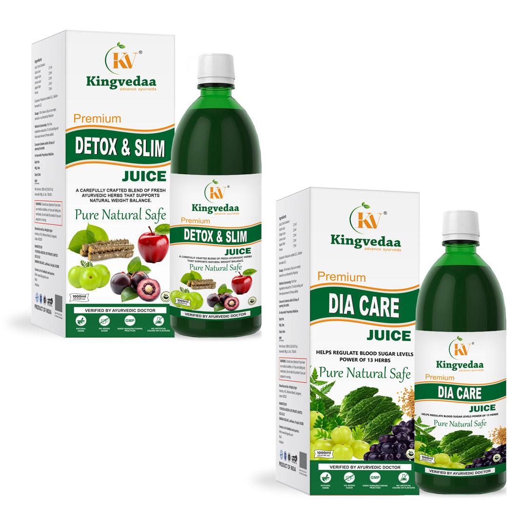 Kingvedaa Detox Slim and Dia Care Juice combo for natural weight management, detox support and balanced blood sugar with Ayurvedic herbal ingredients