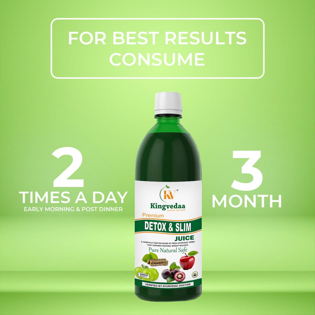 Kingvedaa Detox & Slim Juice consumption guide showing twice daily use for 3 months, Ayurvedic weight loss and detox drink to support fat burning and metabolism