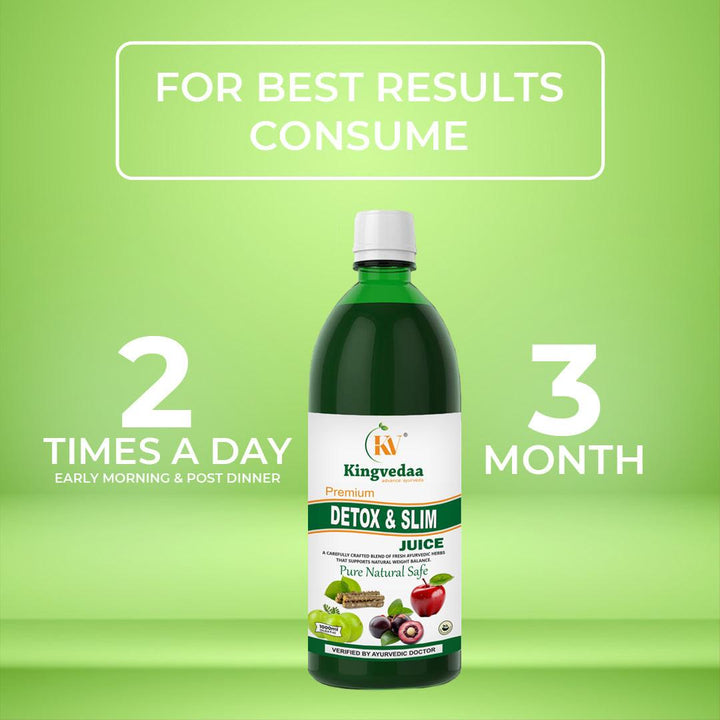 Kingvedaa Detox & Slim Juice consumption guide showing twice daily use for 3 months, Ayurvedic weight loss and detox drink to support fat burning and metabolism