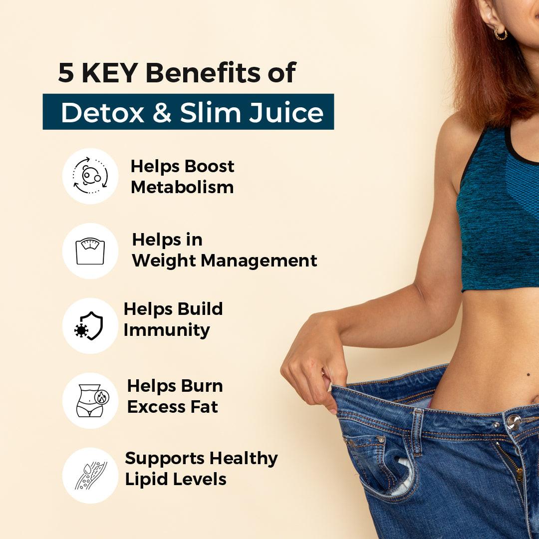 Key benefits of Kingvedaa Detox & Slim Juice including metabolism boost, weight management, fat burning, immunity support, and healthy lipid levels with Ayurvedic detox formula