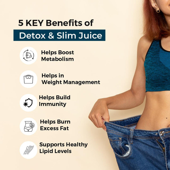 Key benefits of Kingvedaa Detox & Slim Juice including metabolism boost, weight management, fat burning, immunity support, and healthy lipid levels with Ayurvedic detox formula