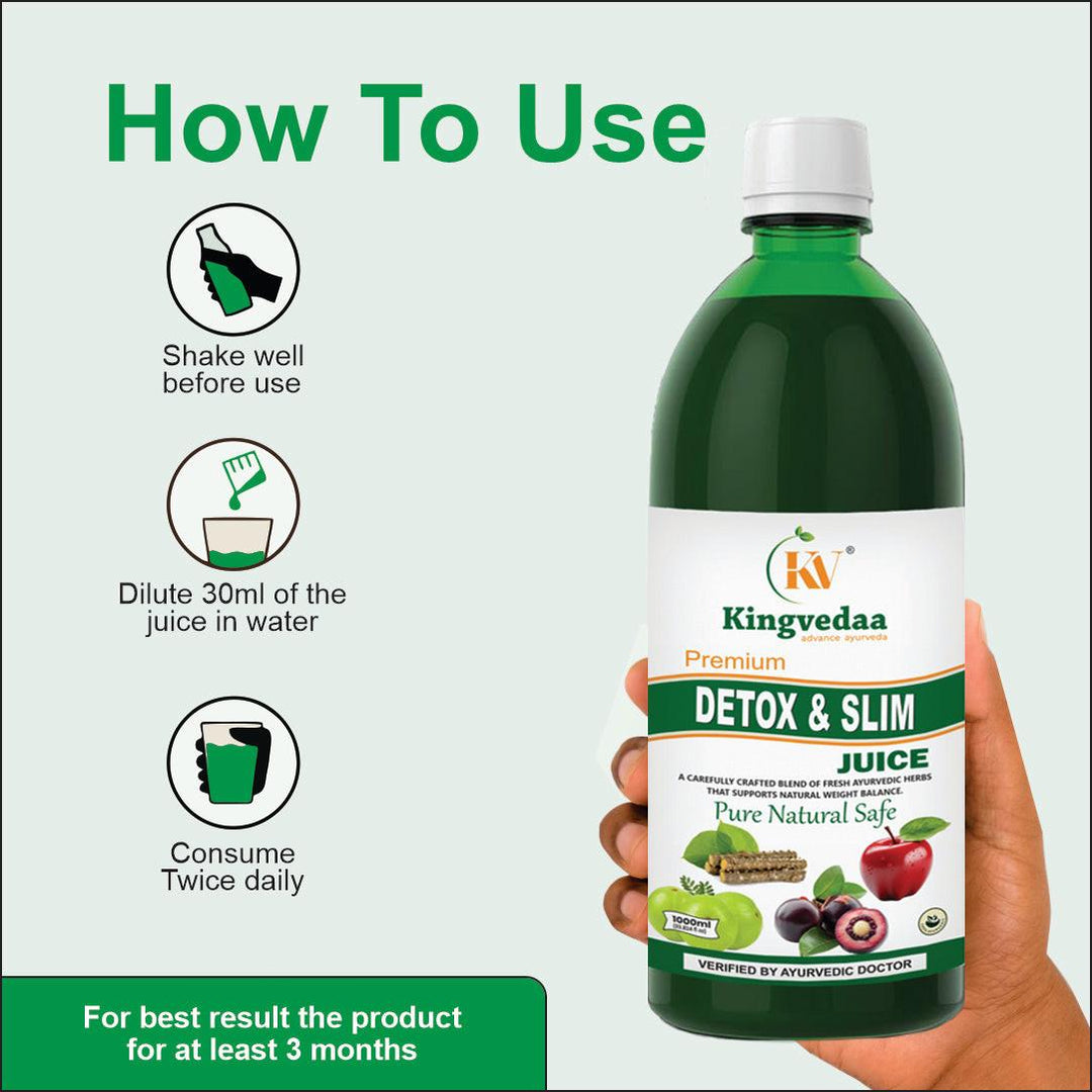 How to use Kingvedaa Detox & Slim Juice with dosage instructions, Ayurvedic weight loss and detox drink for fat burning, metabolism boost, and daily wellness support