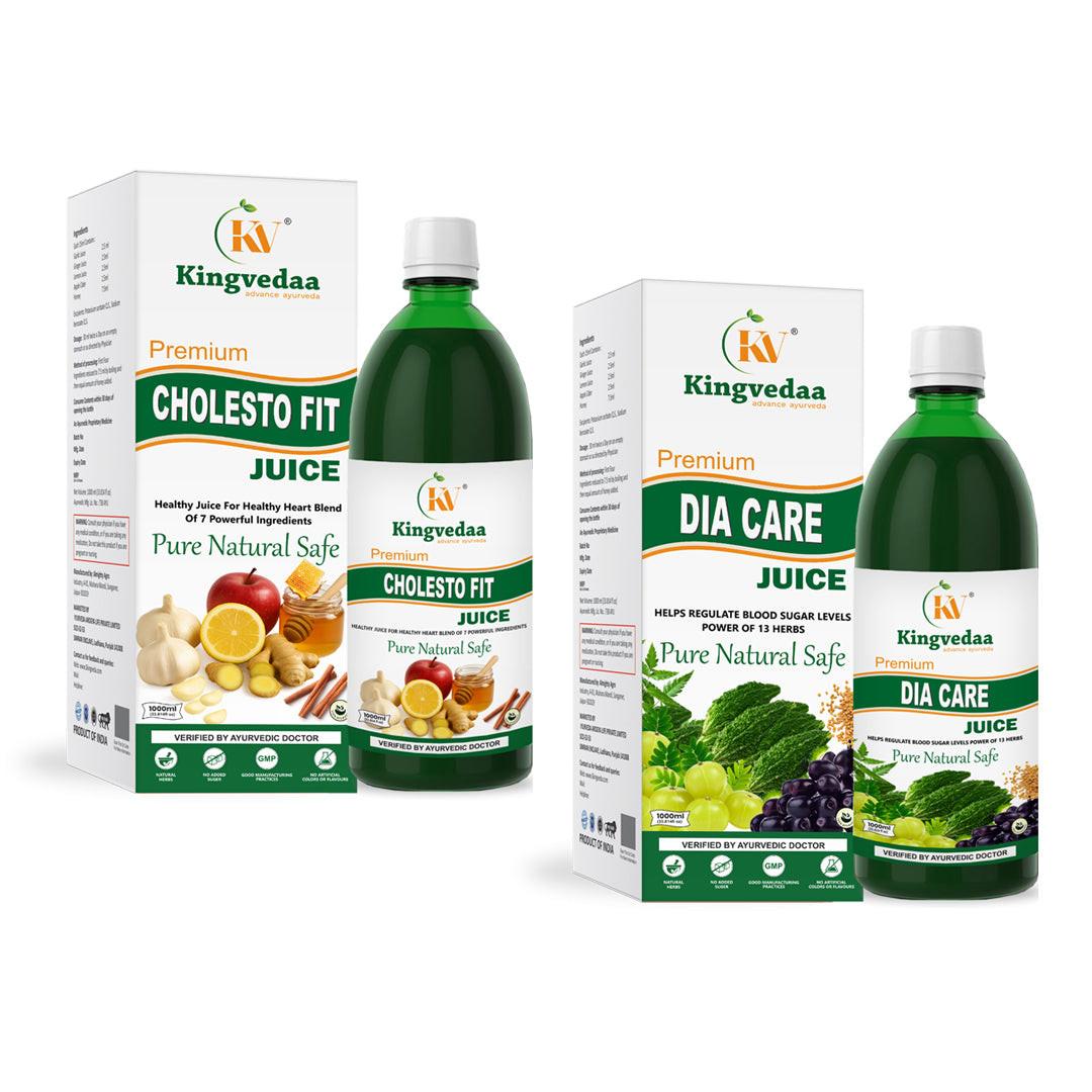 Kingvedaa Dia Care and Cholesto Fit Juice combo for natural blood sugar balance and cholesterol support with Ayurvedic herbal ingredients