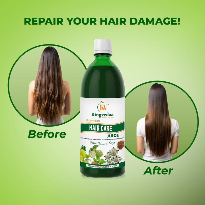 Before and after results of Kingvedaa Hair Care Juice showing improved hair growth, reduced hair fall, and healthier, stronger hair naturally