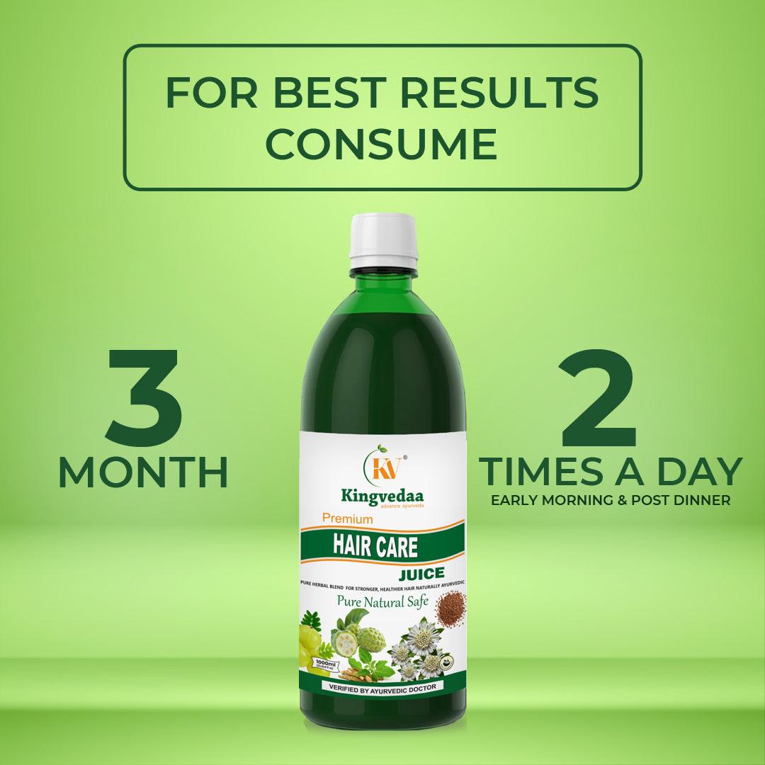 Kingvedaa Hair Care Juice dosage instructions showing 2 times a day consumption for 3 months to support hair growth, reduce hair fall, and strengthen hair naturally