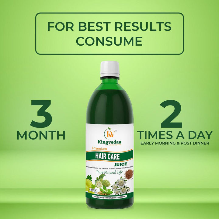 Kingvedaa Hair Care Juice dosage instructions showing 2 times a day consumption for 3 months to support hair growth, reduce hair fall, and strengthen hair naturally