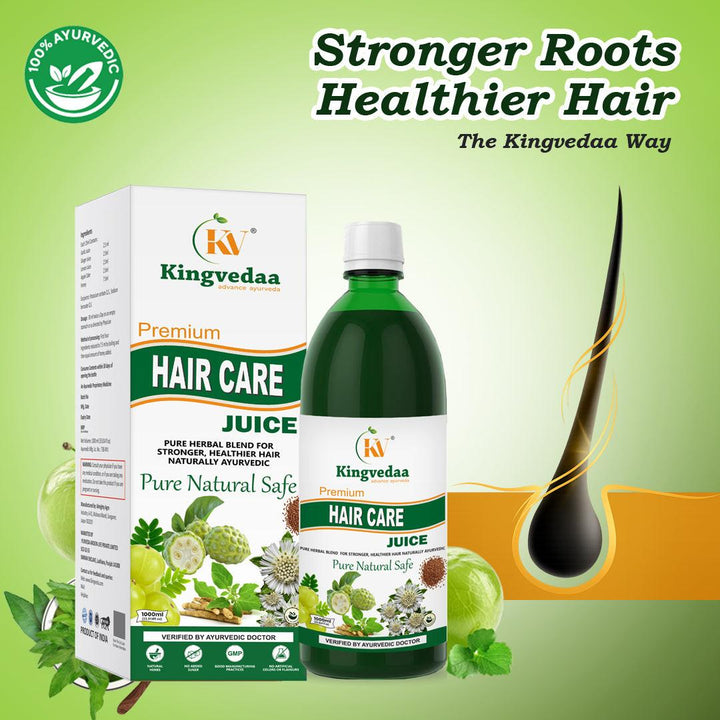 Kingvedaa Hair Care Juice for stronger roots and healthier hair, helping reduce hair fall and support natural hair growth with Ayurvedic ingredients