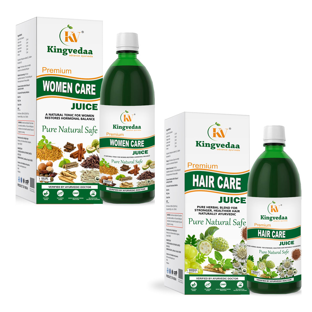Kingvedaa Hair Care Juice and Women Care Juice combo pack for hair growth, hair fall control, hormonal balance and overall Ayurvedic wellness support