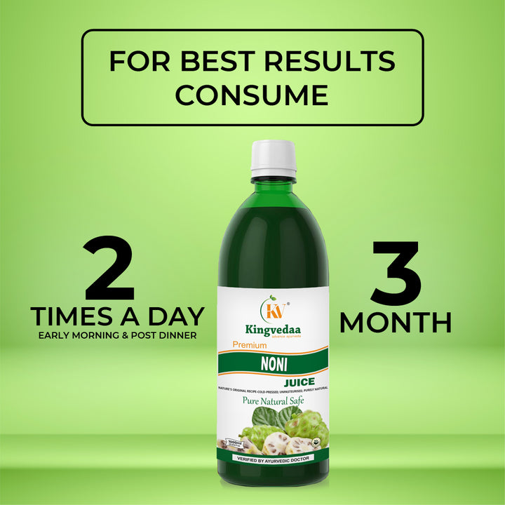 Kingvedaa Noni Juice dosage guide showing 2 times a day consumption for 3 months to support immunity, detox, and overall wellness naturally