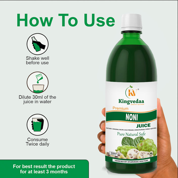 How to use Kingvedaa Noni Juice with dosage instructions including shaking well, diluting 30ml in water, and consuming twice daily for best Ayurvedic health benefits
