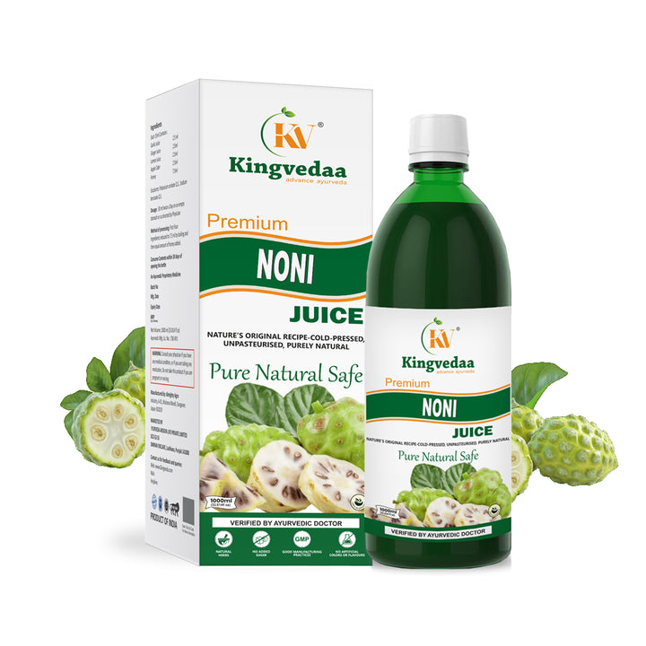 Kingvedaa Noni Juice made from natural noni fruit, an Ayurvedic health drink that supports immunity, detoxification, and overall wellness