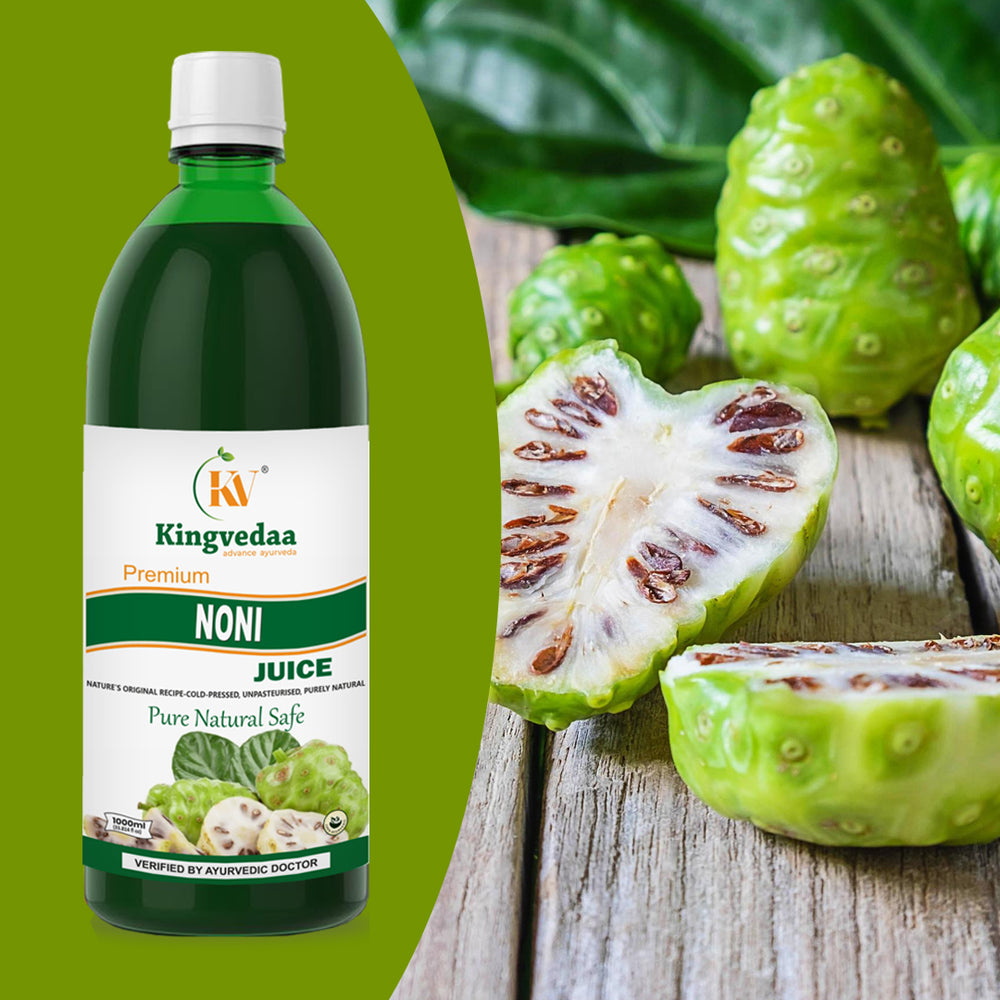 Kingvedaa Noni Juice bottle with fresh noni fruit, a natural Ayurvedic health drink for immunity support, detox, and overall wellness